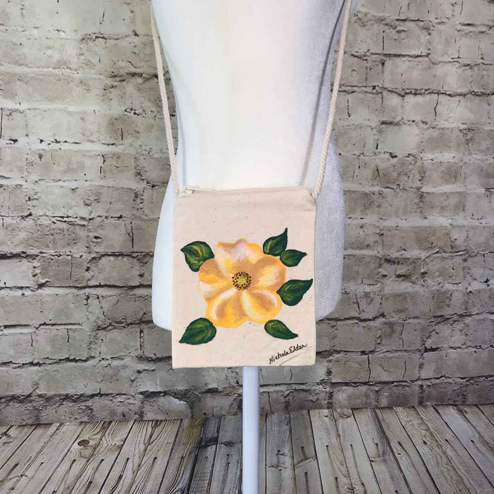 Small Canvas Purse with Painted Yellow Rose